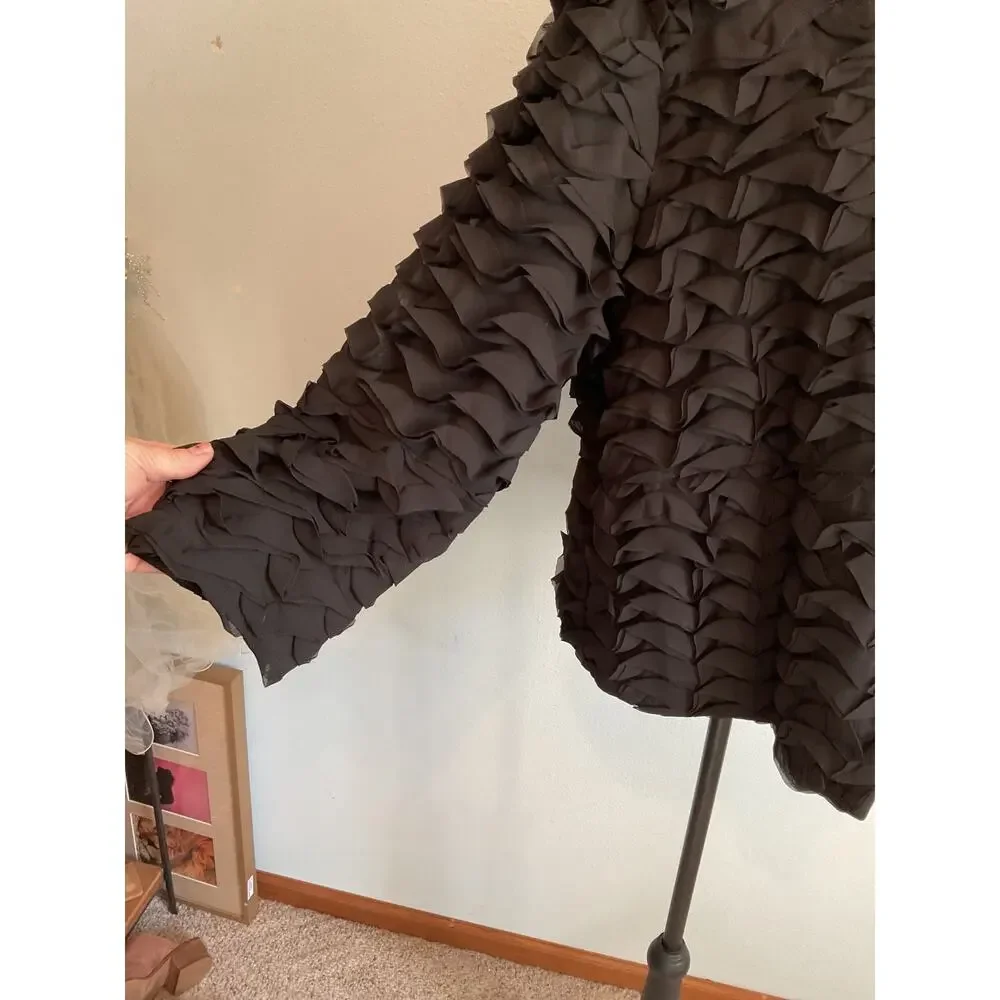 John Mark Black Ruffle Tiered Topper Jacket Hook & Eye Closure - Women's Size L